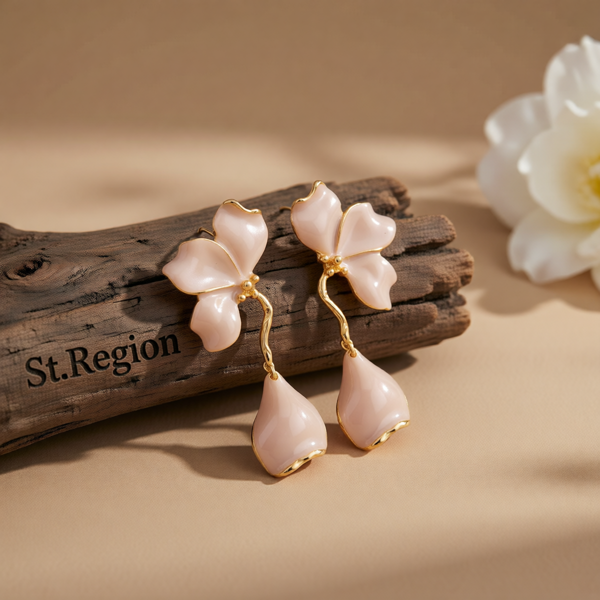 Peach Enamel & Goldtone Petals Dangle Earrings