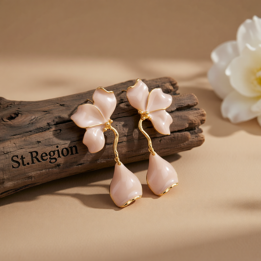 Peach Enamel & Goldtone Petals Dangle Earrings