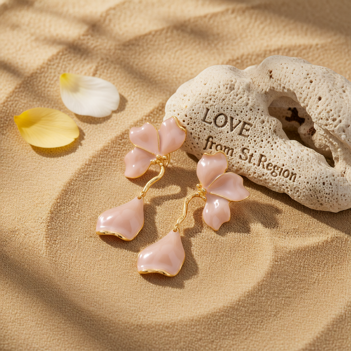 Peach Enamel & Goldtone Petals Dangle Earrings