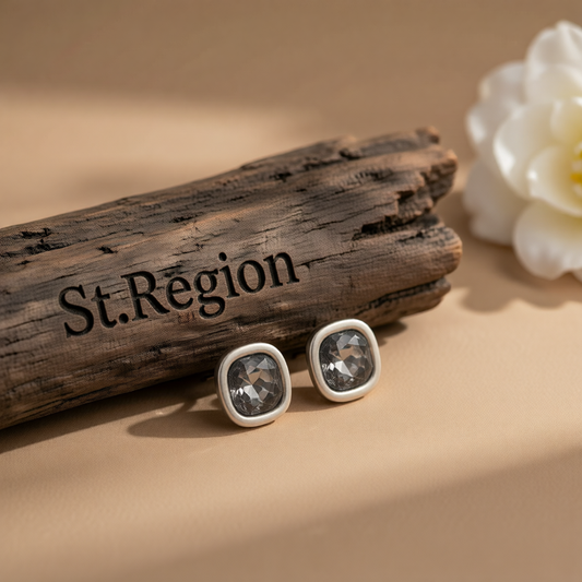 Crystal & Silvertone Square Stud Earring