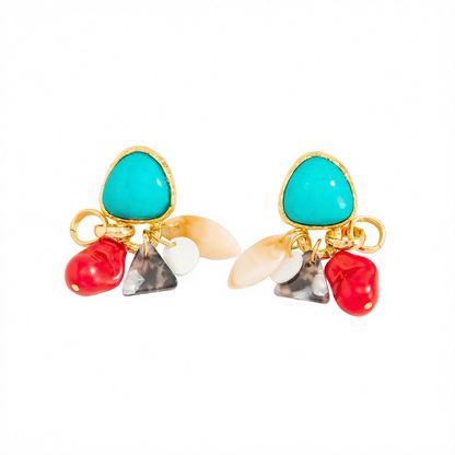 Turqouise & Resin Acrylic Goldtone Bohemia Dangle Earrings