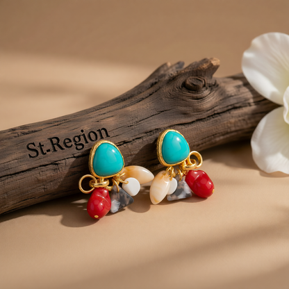 Turqouise & Resin Acrylic Goldtone Bohemia Dangle Earrings