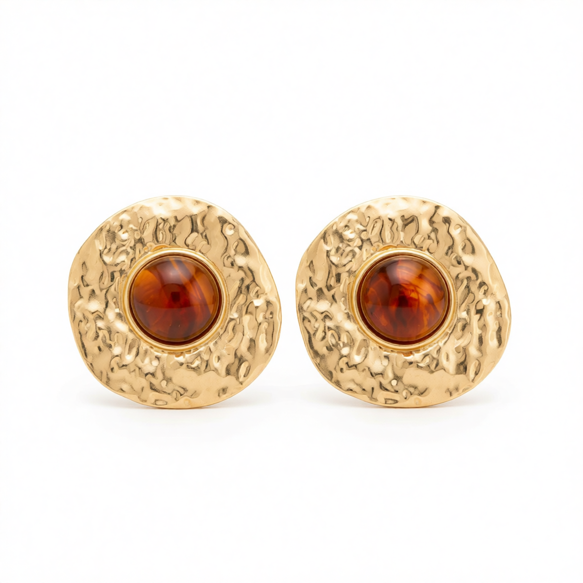 Red Resin & Goldtone Hammered Round Stud Earrings