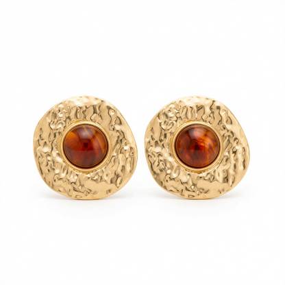 Red Resin & Goldtone Hammered Round Stud Earrings