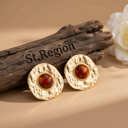 Red Resin & Goldtone Hammered Round Stud Earrings