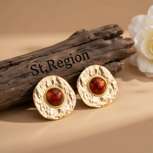 Red Resin & Goldtone Hammered Round Stud Earrings