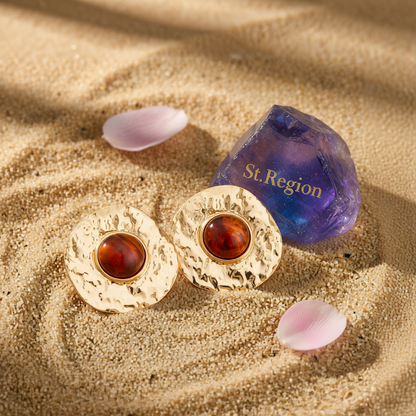 Red Resin & Goldtone Hammered Round Stud Earrings