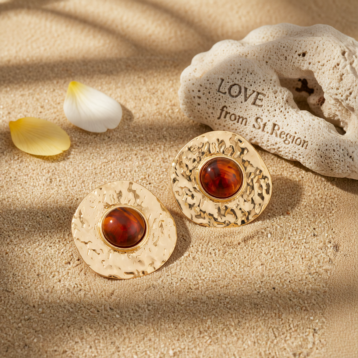 Red Resin & Goldtone Hammered Round Stud Earrings