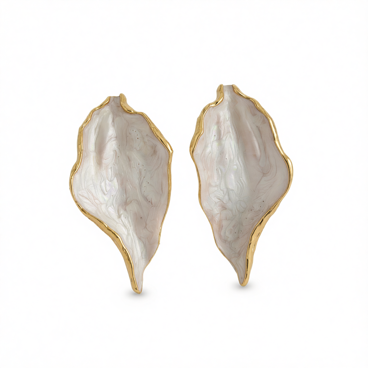 White Enamel & Goldtone Lotus Leaf Stud Earrings