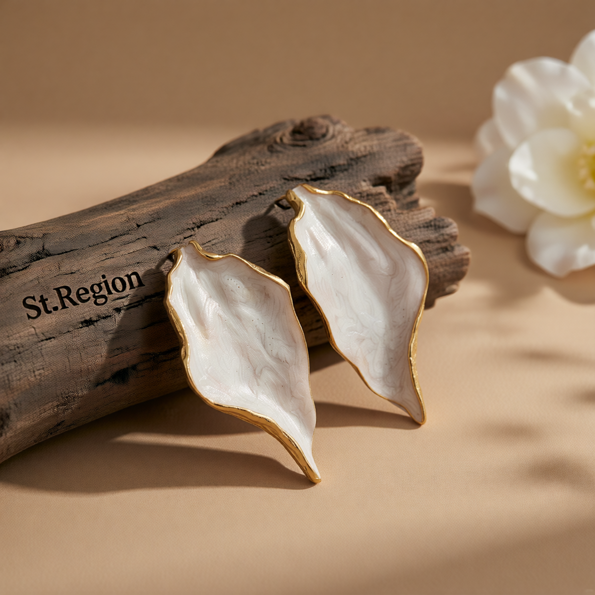 White Enamel & Goldtone Lotus Leaf Stud Earrings