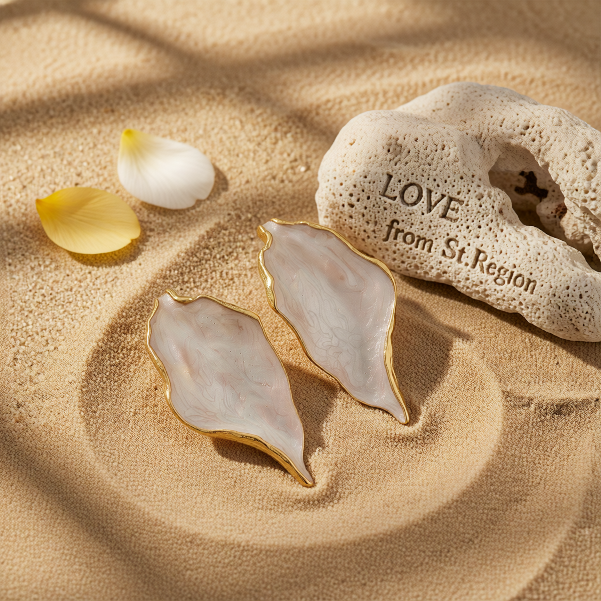 White Enamel & Goldtone Lotus Leaf Stud Earrings