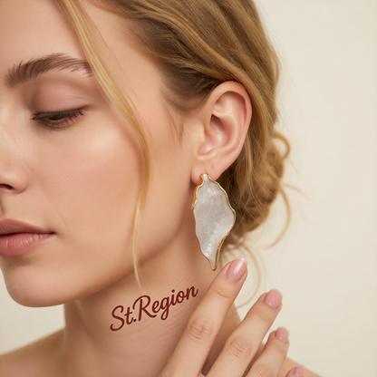 White Enamel & Goldtone Lotus Leaf Stud Earrings