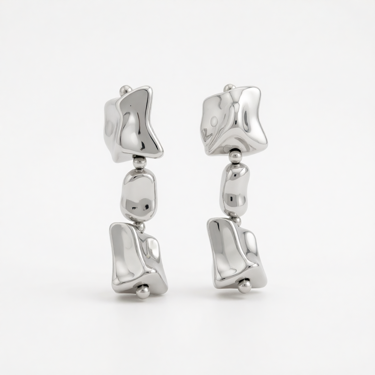 Silvertone Cube Bead Dangle Earrings