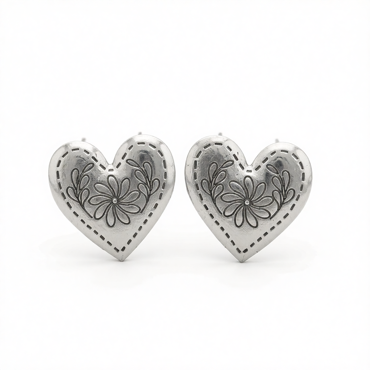 Silvertone Flower Heart Stud Earrings