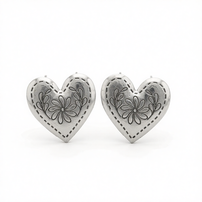 Silvertone Flower Heart Stud Earrings