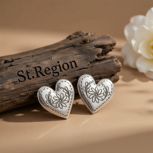 Silvertone Flower Heart Stud Earrings