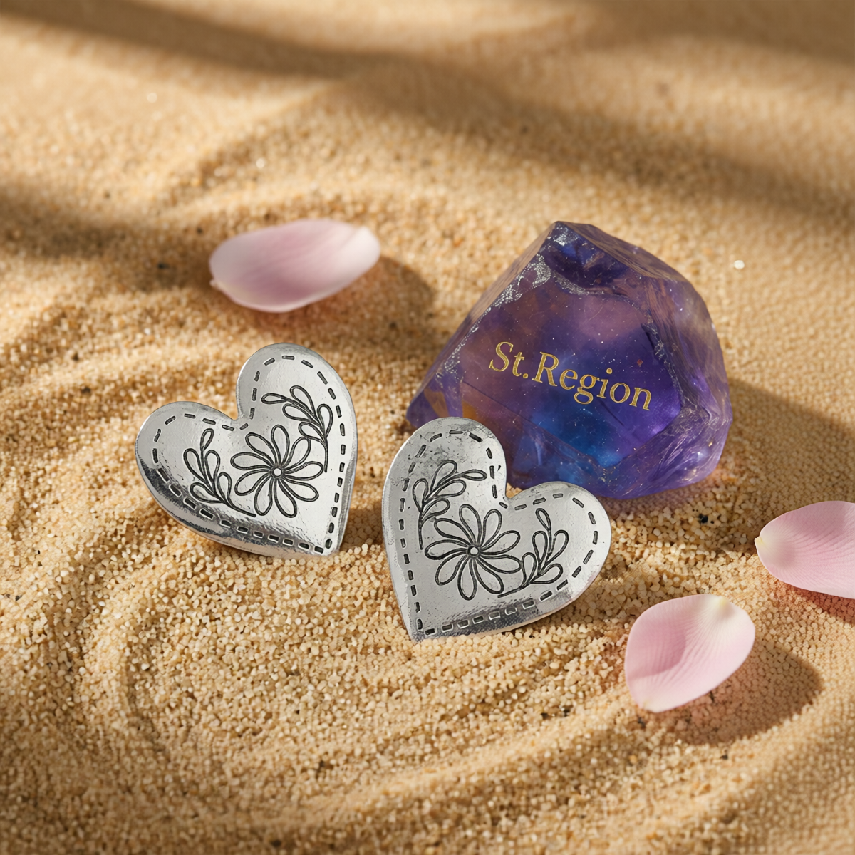 Silvertone Flower Heart Stud Earrings