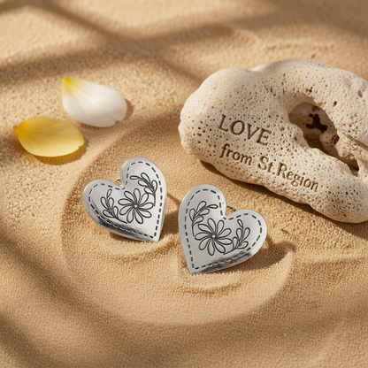 Silvertone Flower Heart Stud Earrings