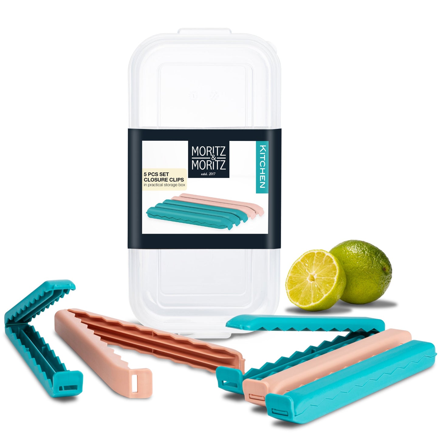 Moritz & Moritz 5 Large Bag Clips with Clear Storage Box | Mixed Colors, BPA-Free & Reusable