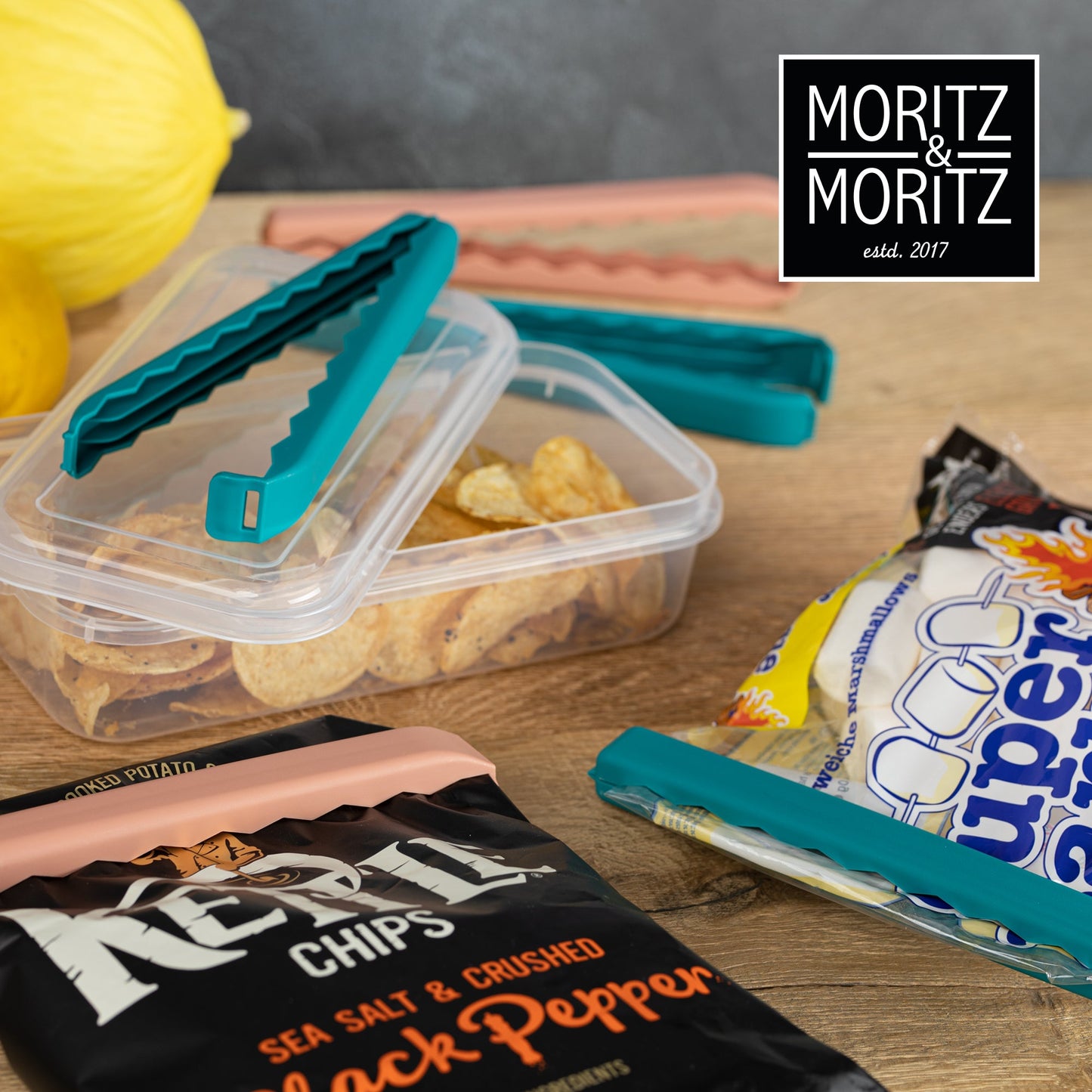 Moritz & Moritz 5 Large Bag Clips with Clear Storage Box | Mixed Colors, BPA-Free & Reusable
