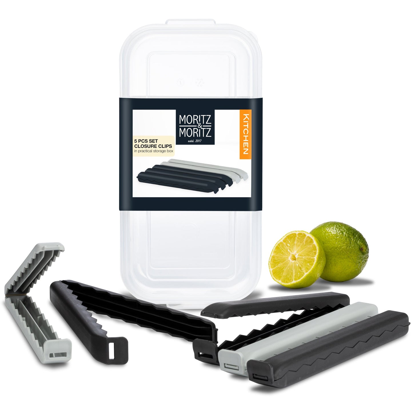 Moritz & Moritz 5 Large Bag Clips with Clear Storage Box | BPA-Free, Reusable & Hygienic