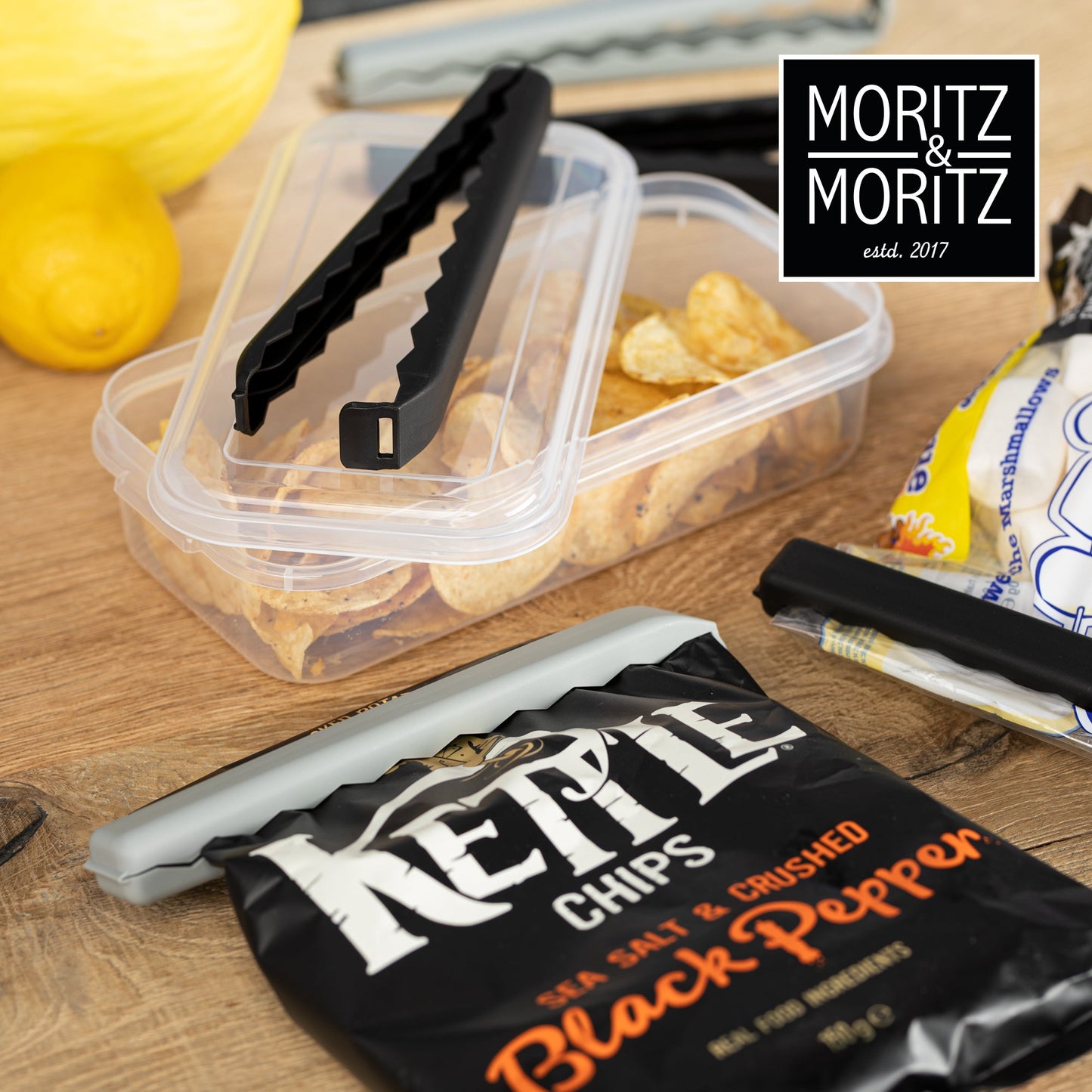 Moritz & Moritz 5 Large Bag Clips with Clear Storage Box | BPA-Free, Reusable & Hygienic