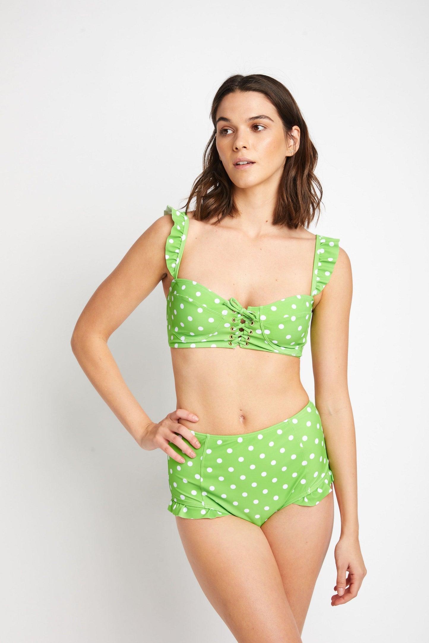 Marina West Polka Dot High Waisted Bikini Set (B2810) - Lime White Dot