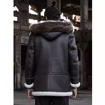 B3 Bomber Jacket Hooded Leather Shearling Coat for Men – Brown