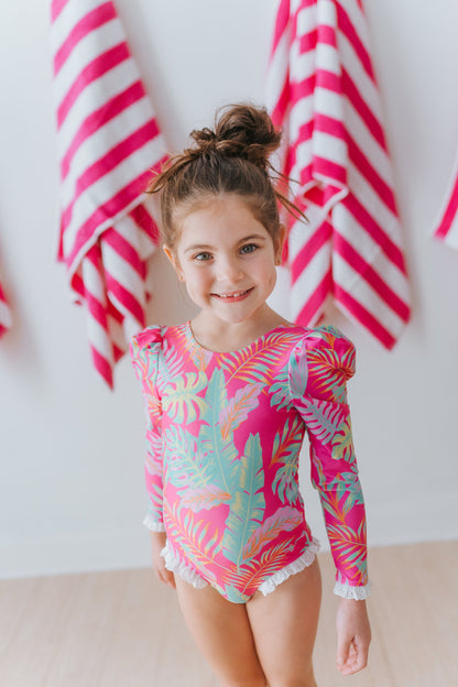 Pink Palm Paradise One Piece Rashguard Suit