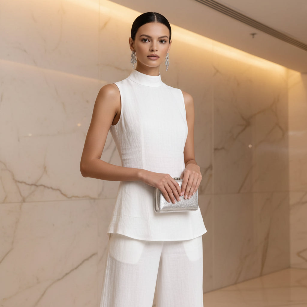 Women's Stand Collar Longline Vest Top & Wide-Leg Trousers Two-Piece Set