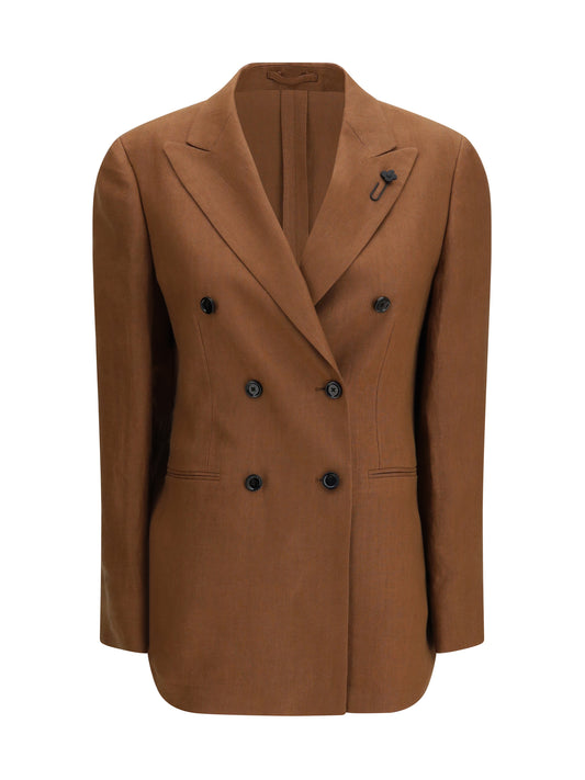 Double-Breasted Linen Blazer Brown