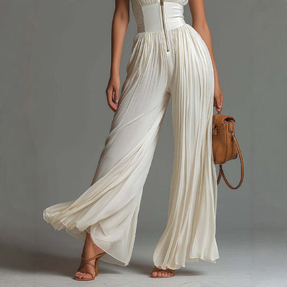 Pleated Wide-Leg Jumpsuit for Women – Sleeveless High-Waist Minimalist Long Jumpsuit