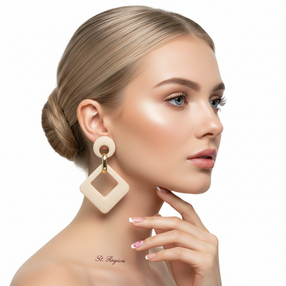 Beige Enamel & Goldtone Open Rhombus Drop Earrings