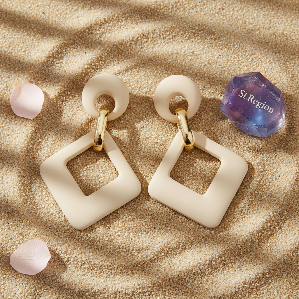 Beige Enamel & Goldtone Open Rhombus Drop Earrings
