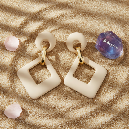 Beige Enamel & Goldtone Open Rhombus Drop Earrings