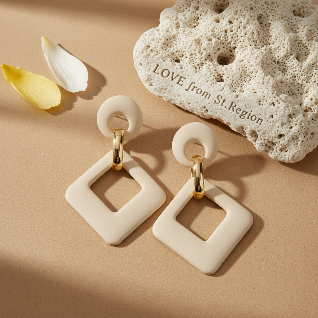 Beige Enamel & Goldtone Open Rhombus Drop Earrings