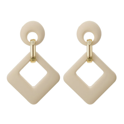 Beige Enamel & Goldtone Open Rhombus Drop Earrings