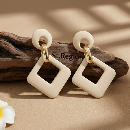 Beige Enamel & Goldtone Open Rhombus Drop Earrings