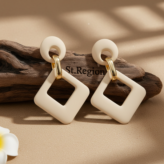 Beige Enamel & Goldtone Open Rhombus Drop Earrings