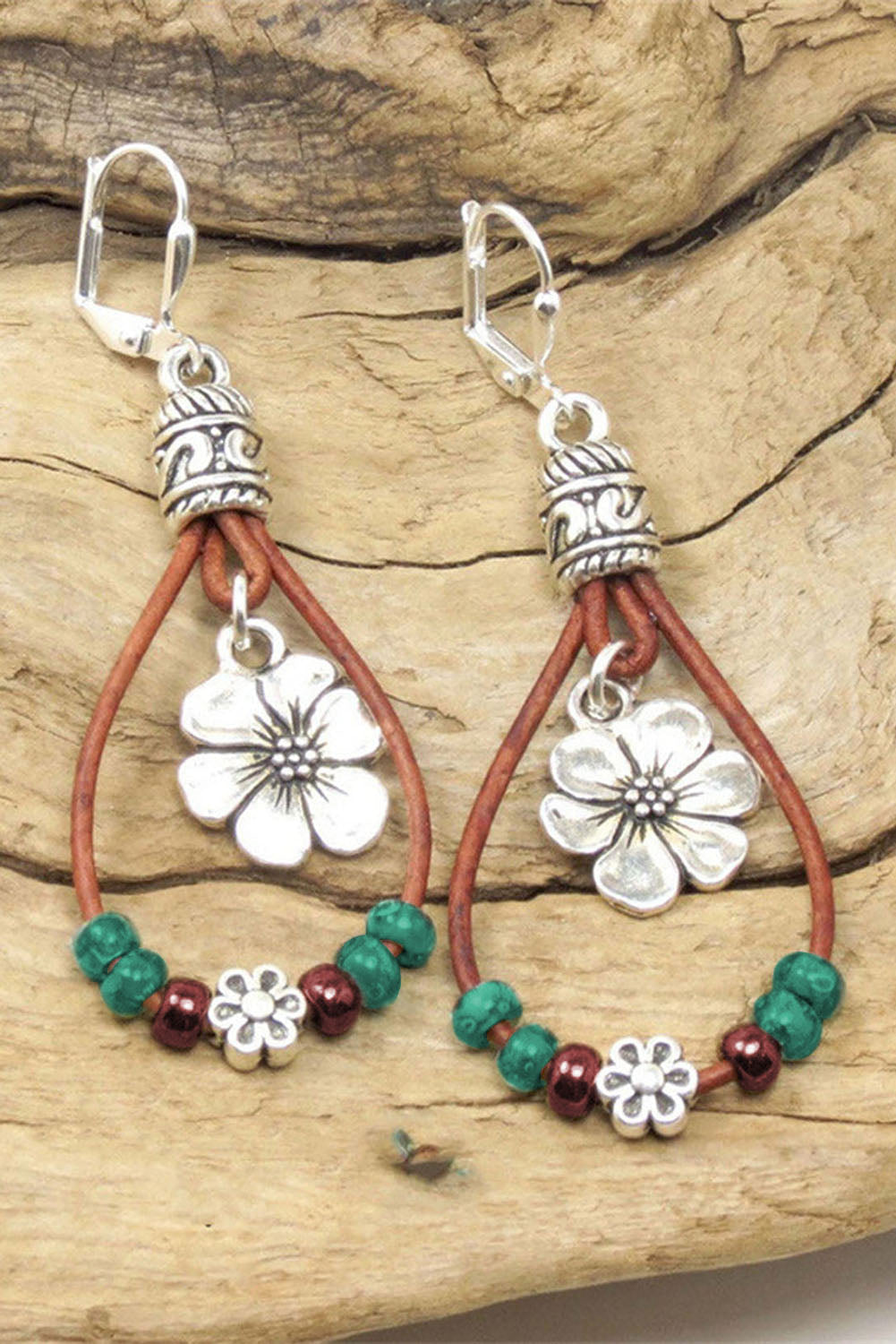 Threaded Pear Silvery Western Leather Beaded Floral Dangle Earrings
