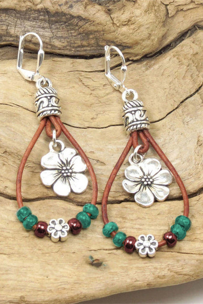 Threaded Pear Silvery Western Leather Beaded Floral Dangle Earrings