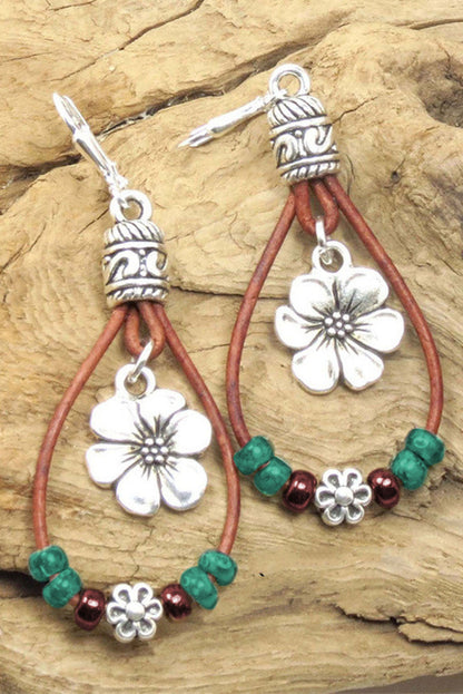 Threaded Pear Silvery Western Leather Beaded Floral Dangle Earrings