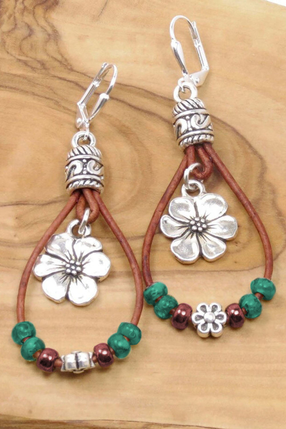 Threaded Pear Silvery Western Leather Beaded Floral Dangle Earrings