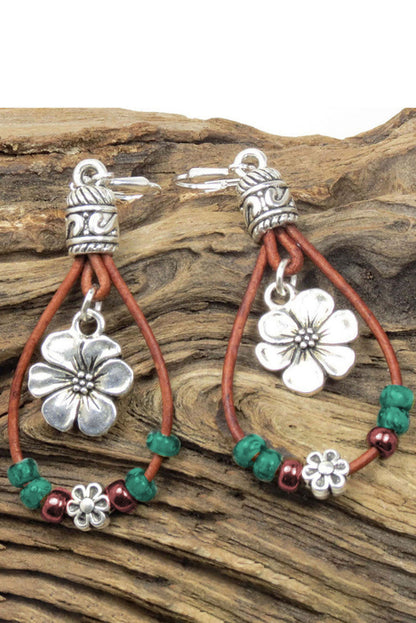 Threaded Pear Silvery Western Leather Beaded Floral Dangle Earrings