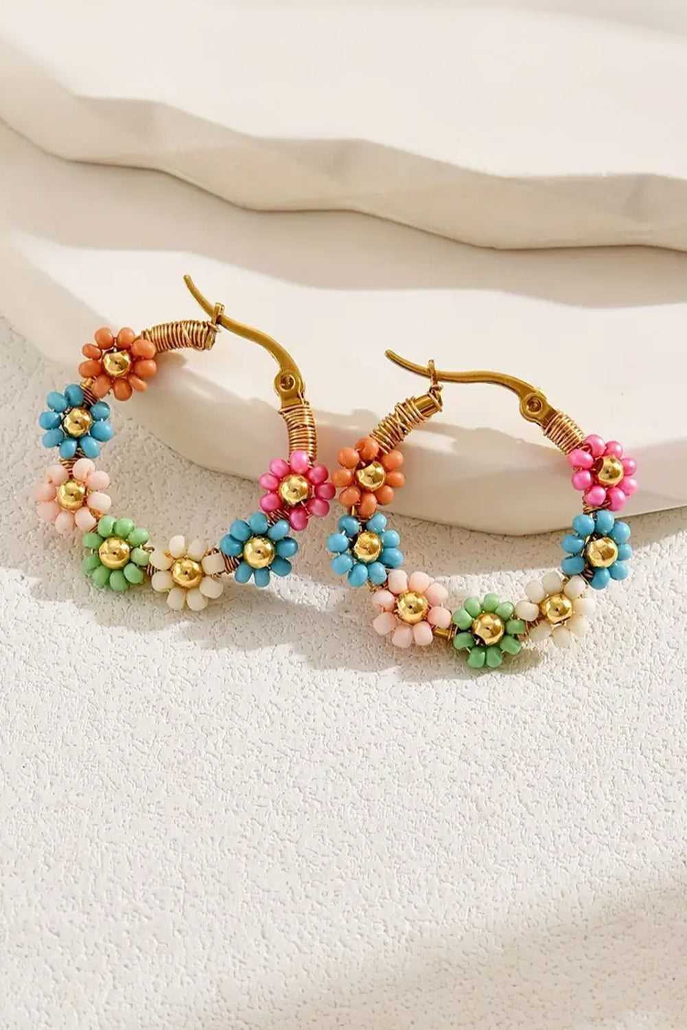 Threaded Pear Pink Colorful Flower Hoop Earrings