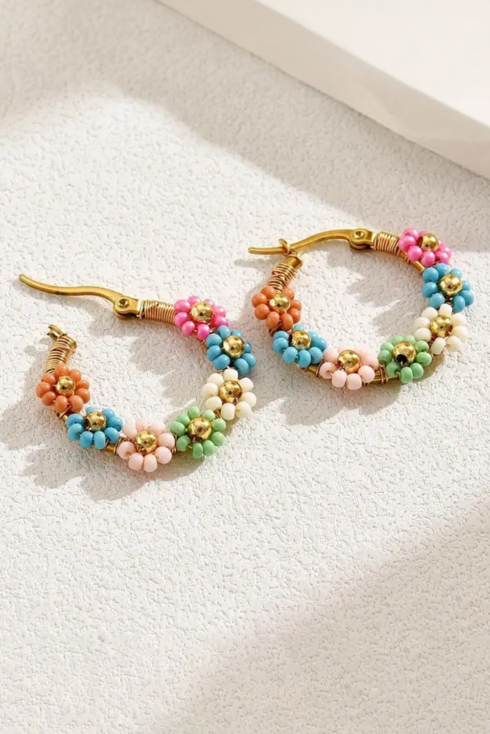 Threaded Pear Pink Colorful Flower Hoop Earrings