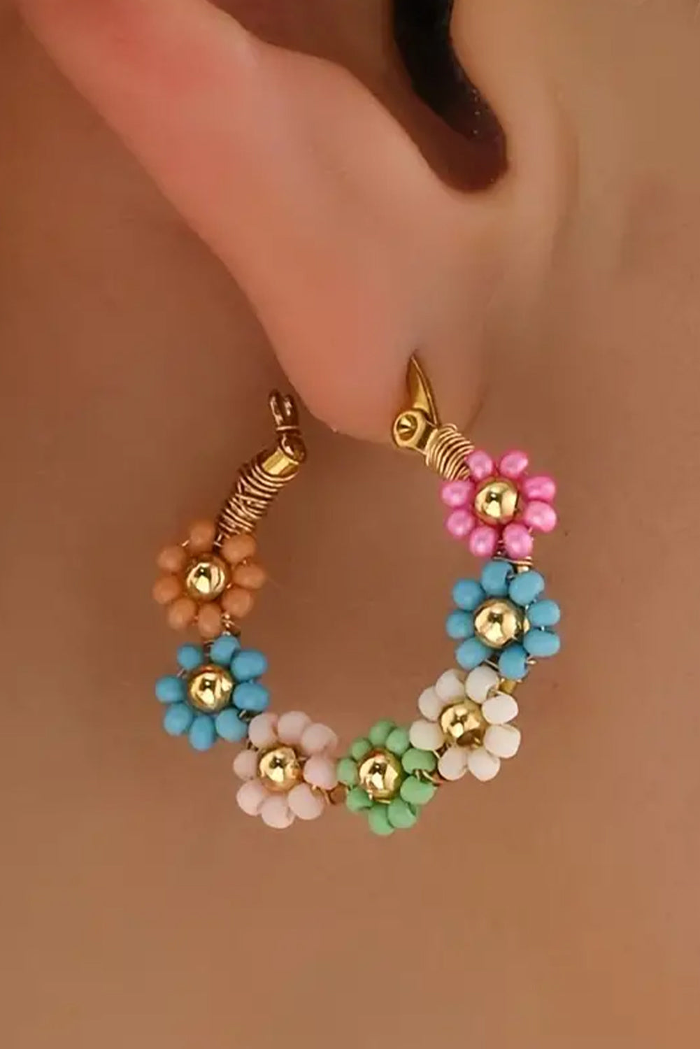 Threaded Pear Pink Colorful Flower Hoop Earrings