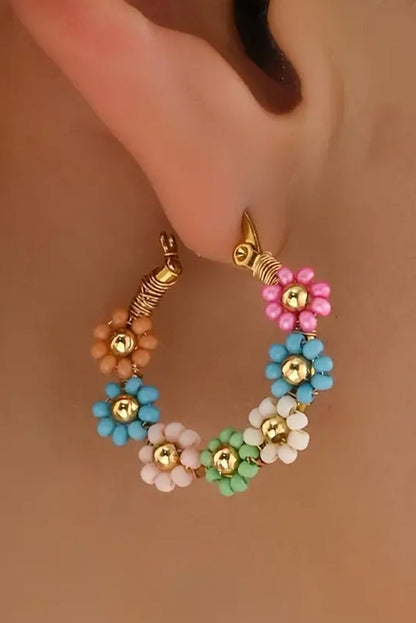 Threaded Pear Pink Colorful Flower Hoop Earrings
