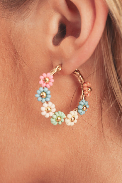 Threaded Pear Pink Colorful Flower Hoop Earrings