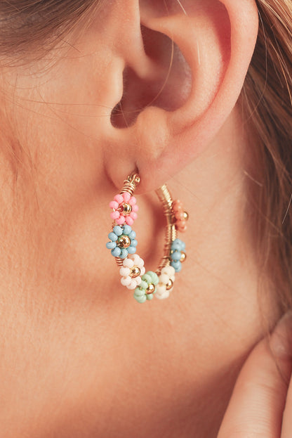 Threaded Pear Pink Colorful Flower Hoop Earrings